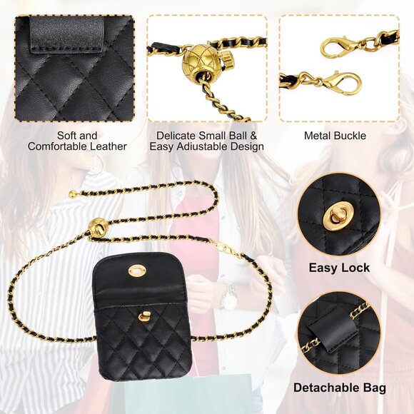 Mini Quilted Chain Crossbody Handbag, Waist Bag Purse Fanny Pack Black - Picture 3 of 7